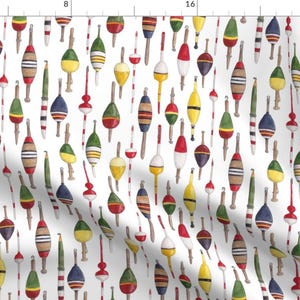 Fish Fabric - Fishing Corks  by twigandmoth -  Fishing Cork Multicolor Fishing Floats Fisherman Bobbers Fabric by the Yard by Spoonflower