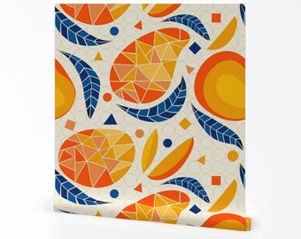 Papel tapiz geométrico - Mangos geométricos de Gargipanwar - Rollo de papel tapiz autoadhesivo removible en azul geométrico naranja de Spoonflower