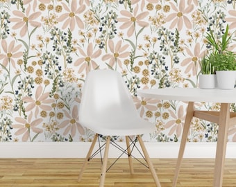 Papel de Parede Floral - Daisy Dream-Jumbo da Indybloomdesign - Rosa, Verde e Blush em Tons Suaves de Primavera - Rolo de Papel de Parede Autoadesivo Removível da Spoonflower