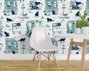 Cat Toile Wallpaper - Catfinalupperleftnew By Lauredesigns - Cat Toile Custom Printed Removable Self Adhesive Wallpaper Roll by Spoonflower