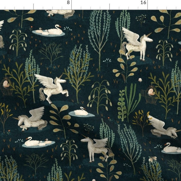 Pegasus Fabric - The Forgotten Wood by katherine_quinn - Woodland Swans Unicorn Fairy Tale Mythical  Fabric by the Yard by Spoonflower