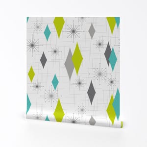 Halverwege de eeuw modern verwijderbaar Peel-and-Stick-behang - Retro geïnspireerde atoomtijdperk - Wall Art Wall Decor - Mod Lime door tonyanewton