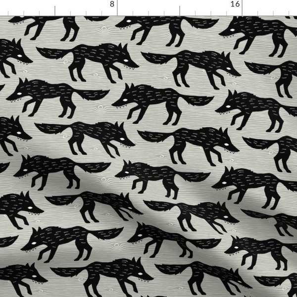 Wolf Fabric - Big Bad Wolf By Heleen van den Thillart - Black and Grey Woodland Wolf Cotton Fabric By The Yard With Spoonflower