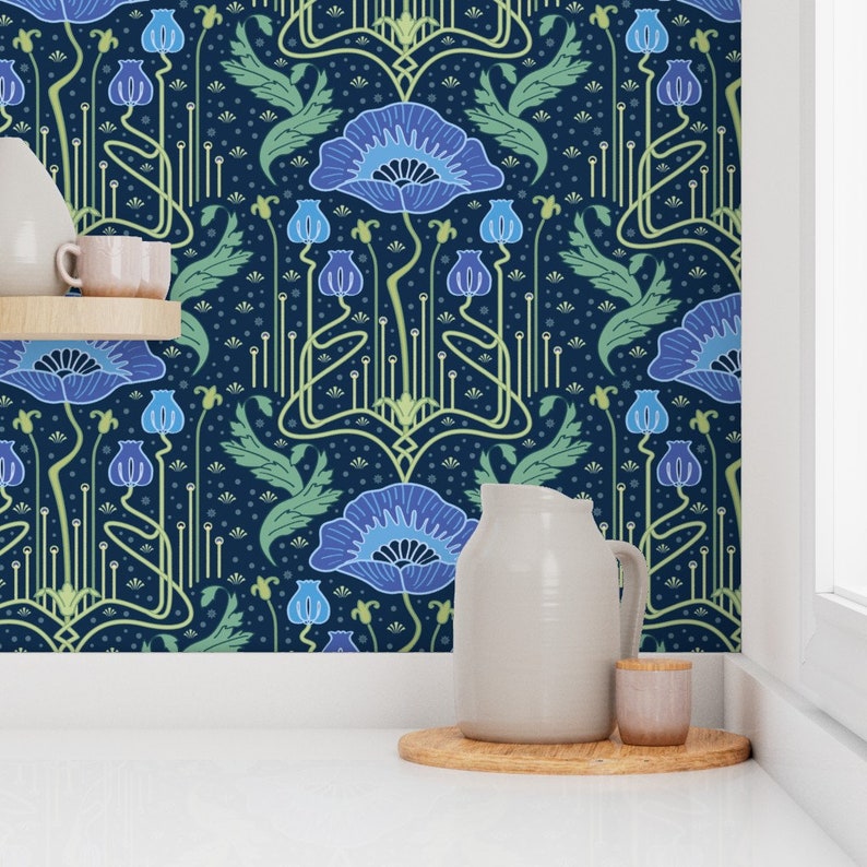 Poppy Flower Wallpaper Art Nouveau Poppies Blue by bamokreativ Victorian Damask Removable Peel and Stick Wallpaper by Spoonflower image 7