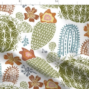 Cactus Fabric - Cactus Garden By Aaron Christensen - Block Print Style Green Blue Desert Floral Cotton Fabric By The Yard With Spoonflower