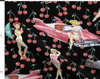 Vintage Kitsch Fabric - Pin Ups by lauracaballero - Retro Pin Up Girls Rockabilly Cars Cherry Hand-drawn Fabric by the Yard by Spoonflower
