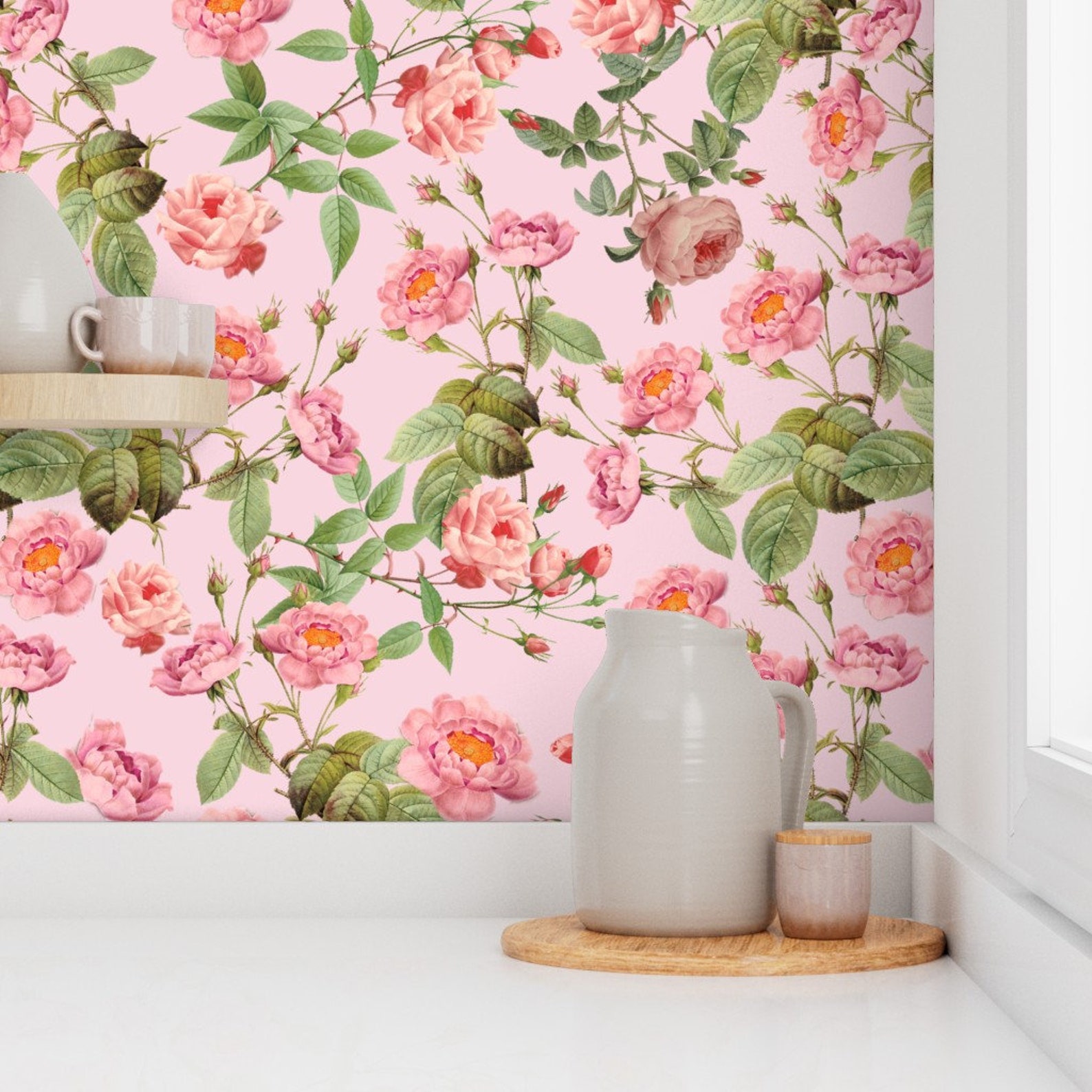 Rose Wallpaper Vintage Roses Pink by Utart Floral - Etsy