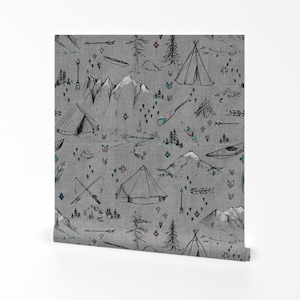 Camping Wallpaper - Scout Mountain Gray By Pattern State - Tent Custom Printed Removable Self Adhesive Wallpaper Roll by Spoonflower