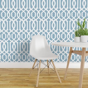 Drapes Peel and Stick Wallpaper - Pillows Trellis Lattice - Removable Wall Decor Art - Victoria Trellis In Custom Blue by willowlanetextiles