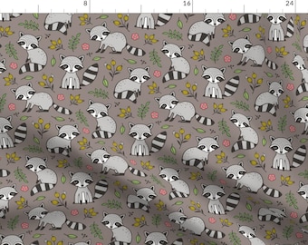 Raccoon Fabric - Raccoon With Leaves Flowers Warm Grey Brown By Caja Design - Baby Animal Nursery Cotton Fabric By The Yard With Spoonflower