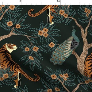Tiger Chinoiserie Fabric - Tiger & Peacock by sveta_aho - Bengal Tiger Peacock Asian Inspired Fabric by the Yard by Spoonflower