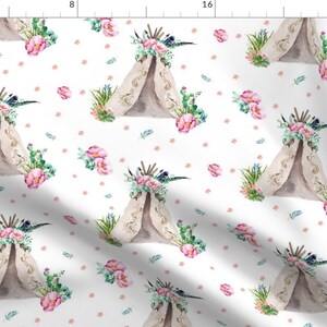 Woodland Fabric - Pink Aqua Teepee In  By Shopcabin - Woodland Teepee Roses Nursery Pink Cotton Fabric By The Yard With Spoonflower