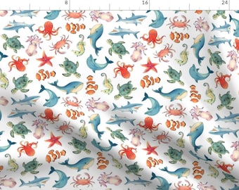 Sea Animals Fabric - Sea Animal Patterns By Silveroakdesign - Whales Turtle Octopus Ocean Nursey Cotton Fabric By The Yard With Spoonflower