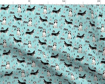Blue Husky Fabric - Husky Siberian Husky Dog Mountains Teepee Forest Fabric - Light Blue By Petfriendly - Husky Fabric With Spoonflower