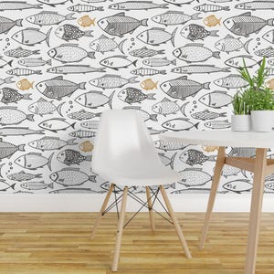 Sketchy Fish Peel and Stick Wallpaper - Charcoal Gray Mustard Brown Fishing Ocean  - Removable Wall Decor Art - Doodle Fish by dasbrooklyn