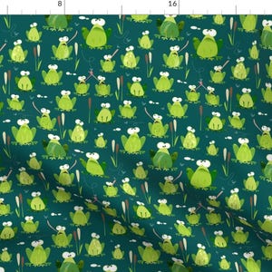 Frog Fabric - Croooaaaak! By Mulberry Tree - Teal Lime Green Swamp Kids Toad Frog Science Nature Cotton Fabric By The Yard With Spoonflower