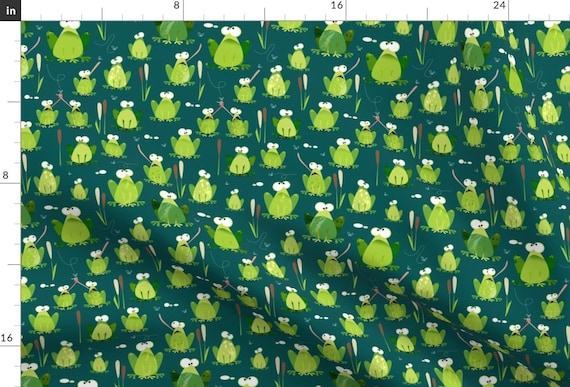 Frog Fabric - Croooaaaak! By Mulberry Tree - Teal Lime Green Swamp Kids Toad Frog Science Nature Cotton Fabric By The Yard With Spoonflower
