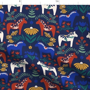 Folk Art Fabric - Dala Horse Blue by emilywalkerartdesign - Scandinavian Horse Swedish Dala Dalecarlian Fabric by the Yard by Spoonflower