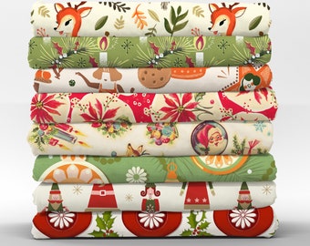 May include: A stack of eight fabric panels with a Christmas theme. The panels feature various holiday designs, including reindeer, poinsettias, ornaments, and Santa Claus. The panels are in shades of red, green, white, and cream.