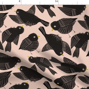 May include: A seamless pattern featuring black birds with white outlines on a light pink background. The birds are in various poses, some with their wings spread, some with their beaks open, and some with their heads tilted. The pattern is perfect for fabric, wallpaper, or wrapping paper.