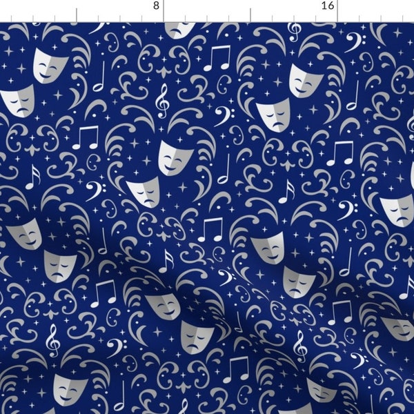 Theater Fabric - Theater Damask Blue And Silver By Robyriker - Theater Laugh Now Cry Later Music Cotton Fabric By The Yard With Spoonflower