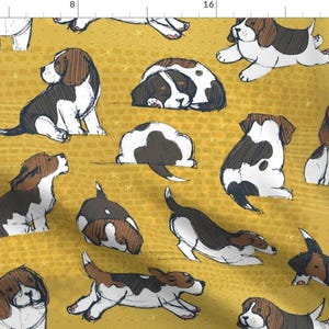 May include: A seamless pattern featuring a repeating design of brown and white beagle dogs in various poses on a yellow background. The dogs are drawn in a cartoon style with black outlines.