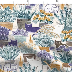 Cat Garden Fabric - Herb Garden With Cats By Patricia Lima - Modern Whimsical Blue Vegetables Cotton Fabric By The Yard With Spoonflower