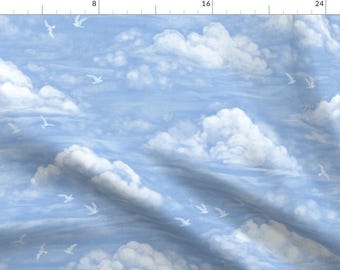 Clouds Fabric - Dreamy Clouds By Hannahshields - Sky Clouds Blue Nursery Birds Heavens Air Rain Cotton Fabric By The Yard With Spoonflower
