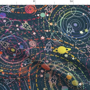 Space Fabric - Interplanetary Explorers - Large By Emerysmithstudio - Space Rainbow Kid's Galaxy Cotton Fabric By The Yard With Spoonflower