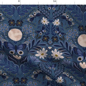 Dreamy Folk Fabric - Night Folk by laura_may_designs -  Modern Scandi Moths Moon Floral Garden Botanical Fabric by the Yard by Spoonflower