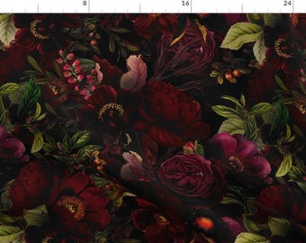 May include: A dark floral print fabric featuring a repeating pattern of burgundy, red, and purple flowers with green leaves on a black background.