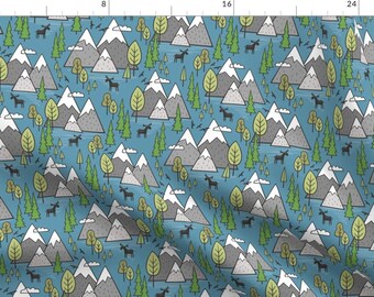 Mountains Fabric - Mountains Forest Woodland Trees Moose On Dark Blue By Caja Design - Mountains Cotton Fabric By The Yard With Spoonflower