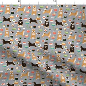 Shiba Inus + Sushi Fabric - Shiba Inu Dogs Fabric Noodles Sushi Fabric - Grey By Petfriendly - Cotton Fabric By The Yard With Spoonflower