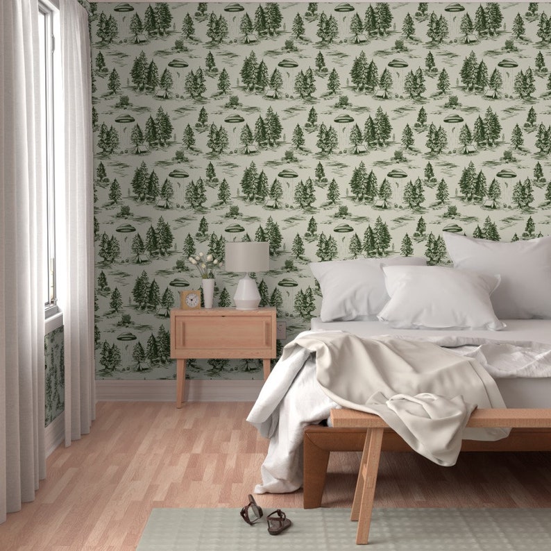 Alien Toile Wallpaper Green & Cream Alien Abduction by somecallmebeth Whimsical Ufos Removable Peel and Stick Wallpaper by Spoonflower image 5