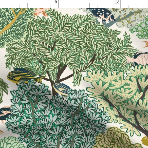 Woodland Fabric - Swim In The Woods by design_dannick - Trees Tropical Fish Dream Earthy Surreal Fabric by the Yard by Spoonflower