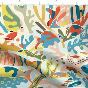 Bright Coastal Fabric - Retro Coral Reef by roochita - Underwater Starfish Nautical Fish Beach Ocean Fabric by the Yard by Spoonflower