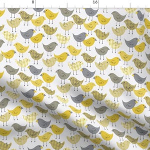 May include: A seamless pattern featuring a repeating design of yellow and gray birds on a white background. The birds are stylized and have a simple, whimsical design.