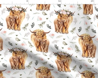 Highland Cow Floral Fabric - Pink Spring Highland Cow Floral By Karolina Papiez - Highland Cow Cotton Fabric By The Yard With Spoonflower