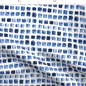 Indigo Boho Fabric - Blue White Squares Abstract Watercolor Spots Dots Drops By Misschiffdesigns- Cotton Fabric by the Yard with Spoonflower