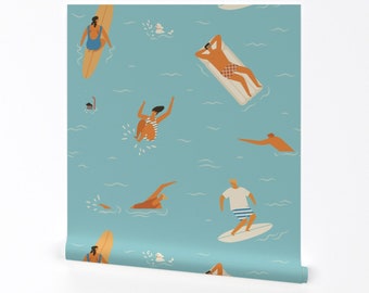 Surfing Wallpaper - Aloha From Hawaii By Tasiania - Surfing Beach Blue Custom Printed Removable Self Adhesive Wallpaper Roll by Spoonflower