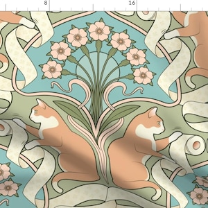 May include: Art Nouveau fabric design with ginger and white cats holding paper rolls, set against a pale blue and green background with pink floral details. The pattern has a vintage, whimsical aesthetic.