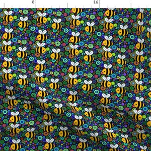 Bees Fabric - Mod Bees By New Earth Baby - Bees Flowers Yellow Black Green Blue Animal Nursery Cotton Fabric By The Yard With Spoonflower