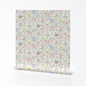 Cottagecore Removable Peel and Stick Wallpaper - Wildflowers Trellis Garden - Wall Art Wall Decor - Wildflowers Scallop by prettyfestive