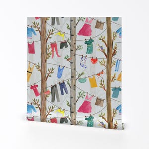 Whimsical Removable Peel and Stick Wallpaper - Laundry Clothes Trees Home - Wall Art Wall Decor - Conversational Clothesline by stacykathryn