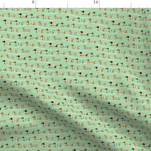 Striped Wiener Dog Fabric - Wiener Dogs On Parade In Green By Pinkowlet - Pet Dog Home Decor Cotton Fabric By The Yard With Spoonflower