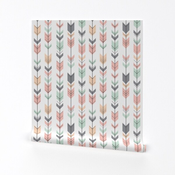 Arrows Wallpaper - Fletching Pink Grey Mint Peach By Littlearrowdesign- Custom Printed Removable Self Adhesive Wallpaper Roll by Spoonflower