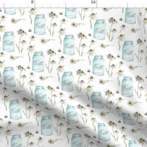 Whimsical Fabric - Flowers By Fat Bird Designs - Whimsical Mason Jar Spring Summer Bees Daisy Cotton Fabric By The Yard With Spoonflower