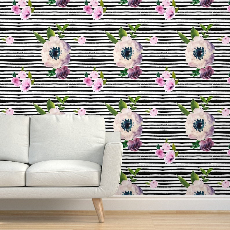 Floral Stripe Wallpaper Watercolor Floral Black Stripe by Etsy