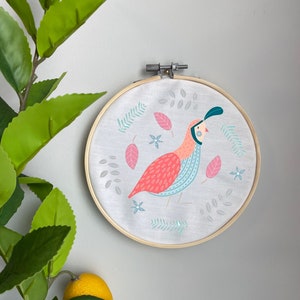Folk Embroidery Template on Cotton - Bird By Martamunte -Blue Pink Quail Spring Embroidery Pattern for 6&quot; Hoop Custom Printed by Spoonflower