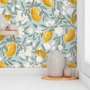 Lemon Flowers Wallpaper - Lemon Tree On Blue by lauren_faye_peachey - Floral Fruit Citrus Removable Peel and Stick Wallpaper by Spoonflower